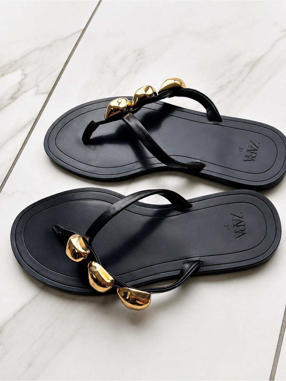 ZARA Black Flat slide Sandals with Gold Accent - Picture 1 of 5